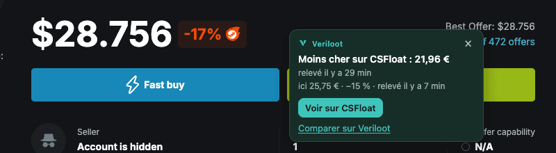 L’encart Veriloot sur une annonce market.csgo : « Moins cher sur CSFloat : 21,96 € ».