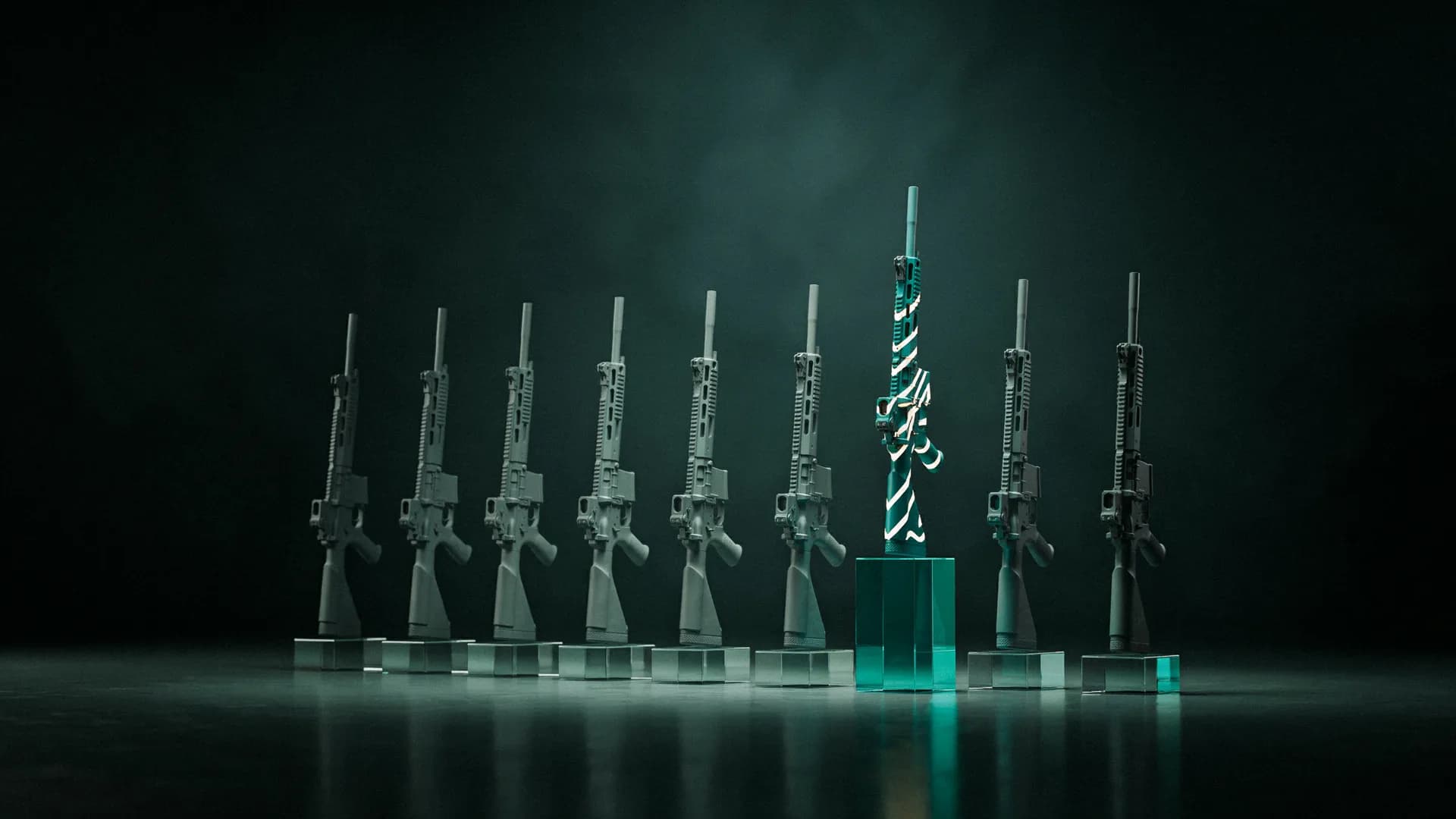 Une rangée d’armes identiques sur des socles lumineux de hauteurs différentes : une seule est éclairée, sur le socle le plus haut.