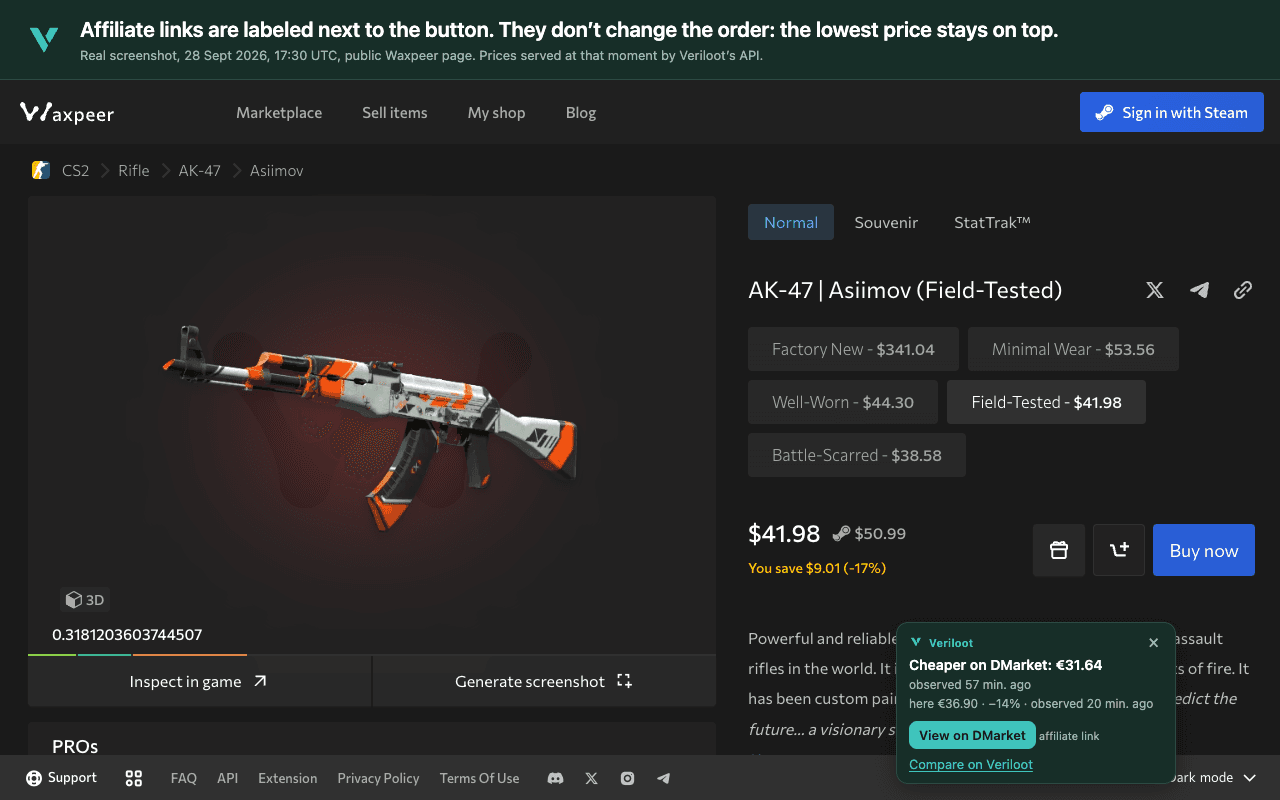 The Veriloot card on a Waxpeer listing for AK-47 | Asiimov (Field-Tested): “Cheaper on DMarket: €31.64”.