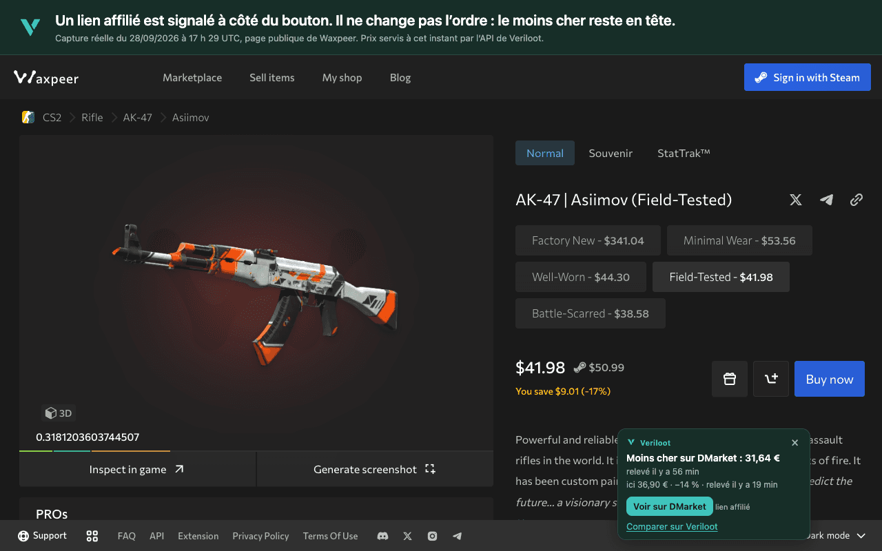 L’encart Veriloot sur une annonce Waxpeer de AK-47 | Asiimov (Field-Tested) : « Moins cher sur DMarket : 31,64 € ».