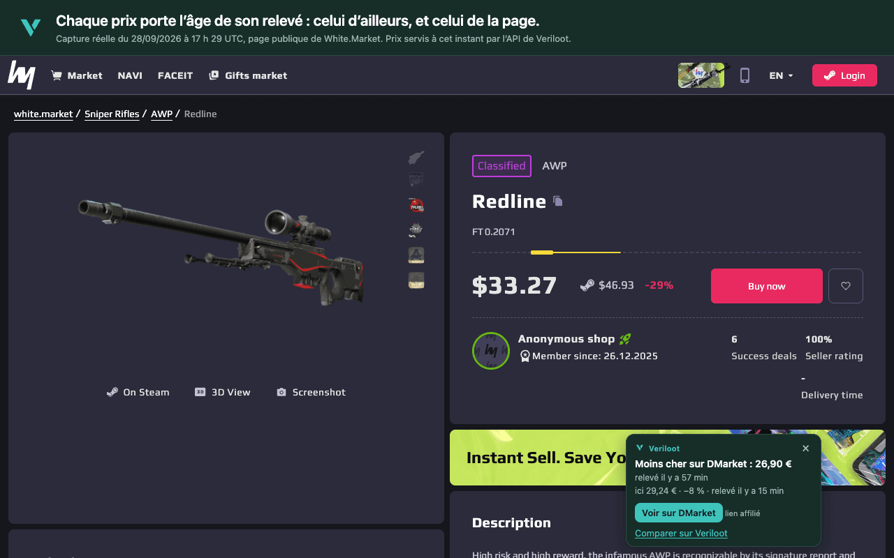 L’encart Veriloot sur une annonce White.Market de AWP | Redline (Field-Tested) : « Moins cher sur DMarket : 26,90 € ».
