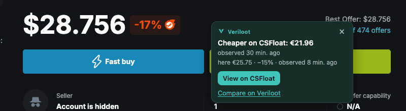 The Veriloot card on a market.csgo listing: “Cheaper on CSFloat: €21.96”.