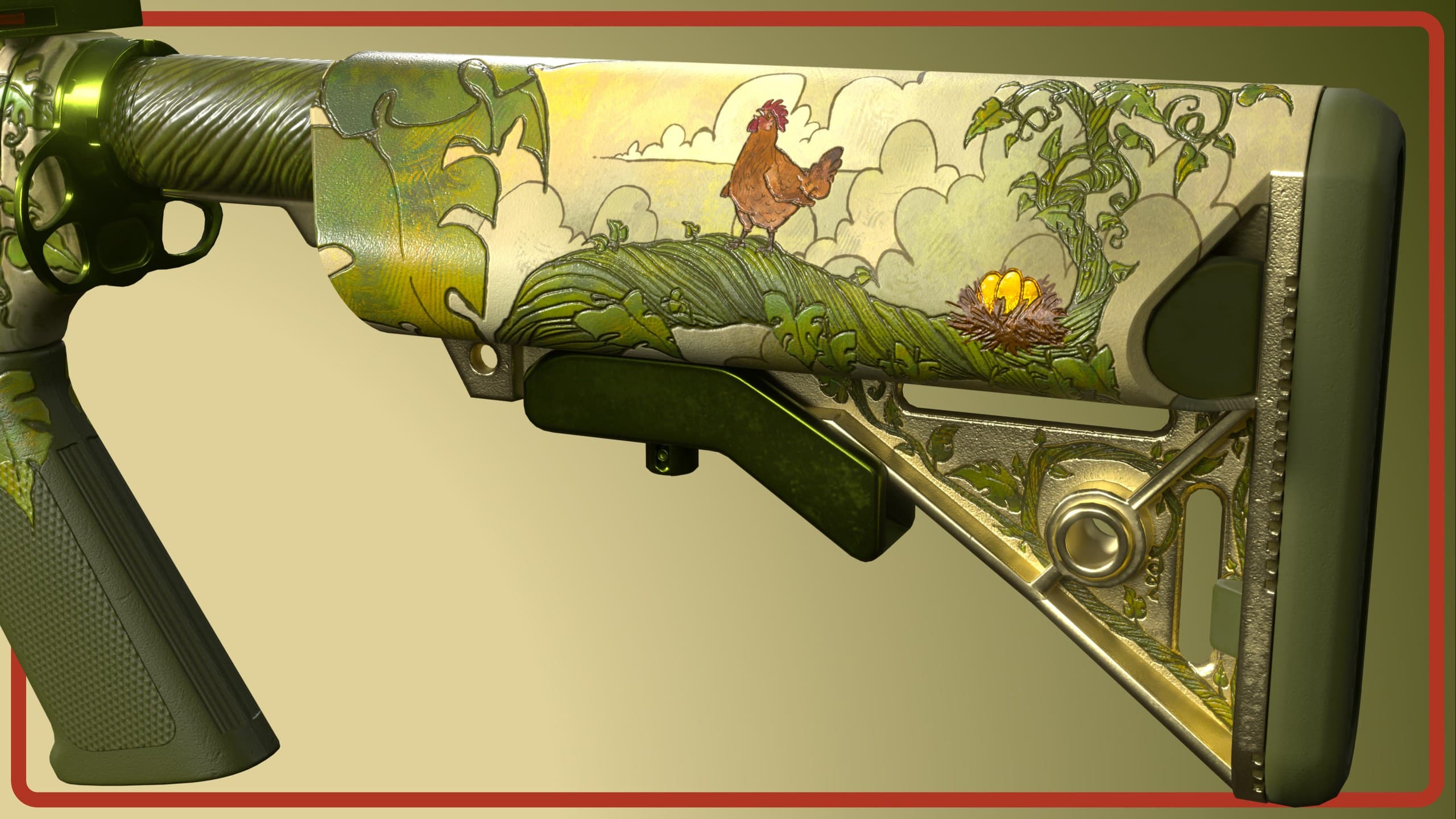 Close-up of the stock of the M4A4 | Beanstalk V2: the Counter-Strike chicken on the beanstalk, a nest of golden eggs and clouds, with leaf engravings on the metal frame. Render of the Steam Workshop concept by Zolgz (Rate My Workshop) and blelmlm.