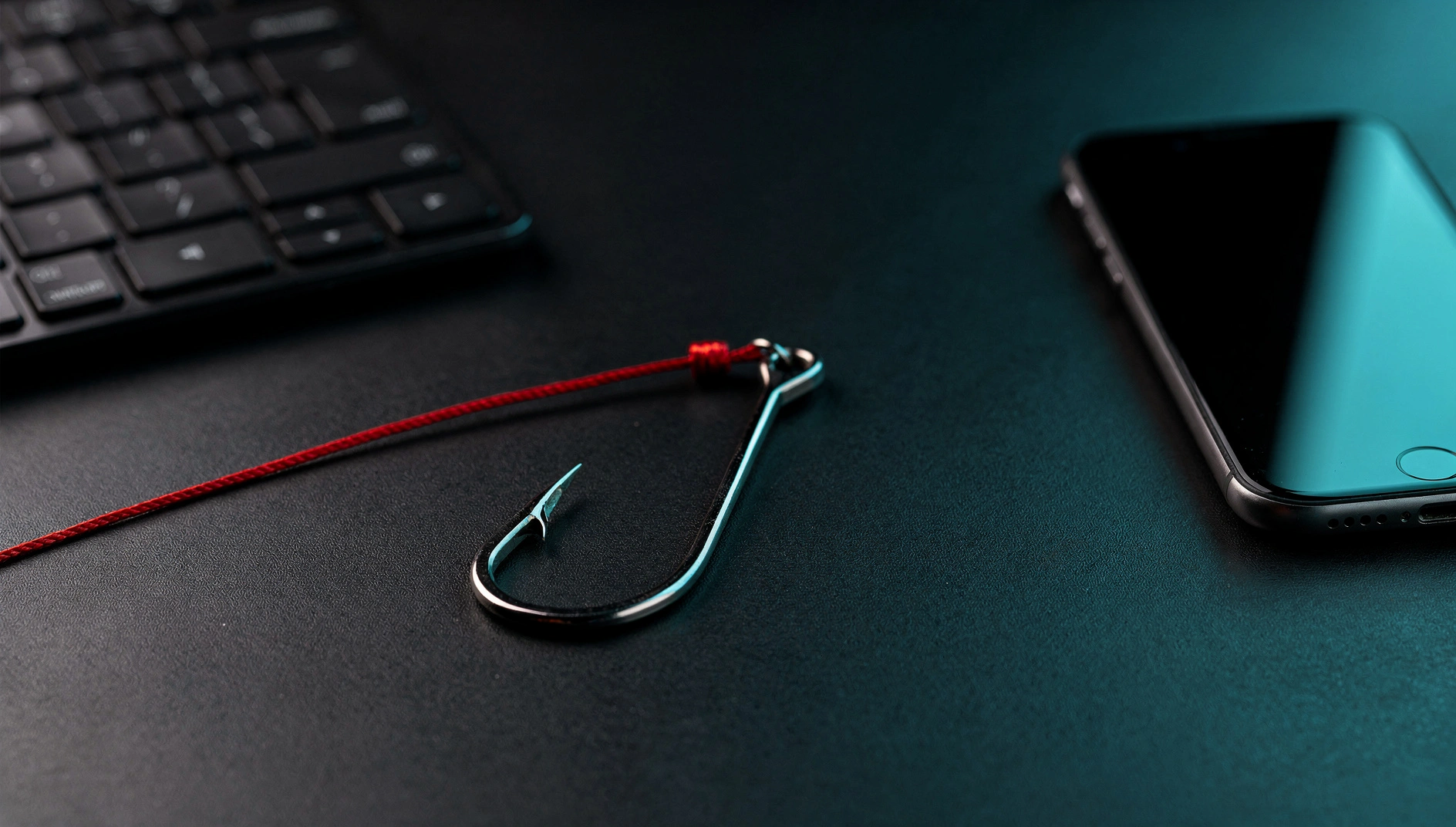 A fishing hook on a red cord between a keyboard and a phone with its screen off, a metaphor for phishing.